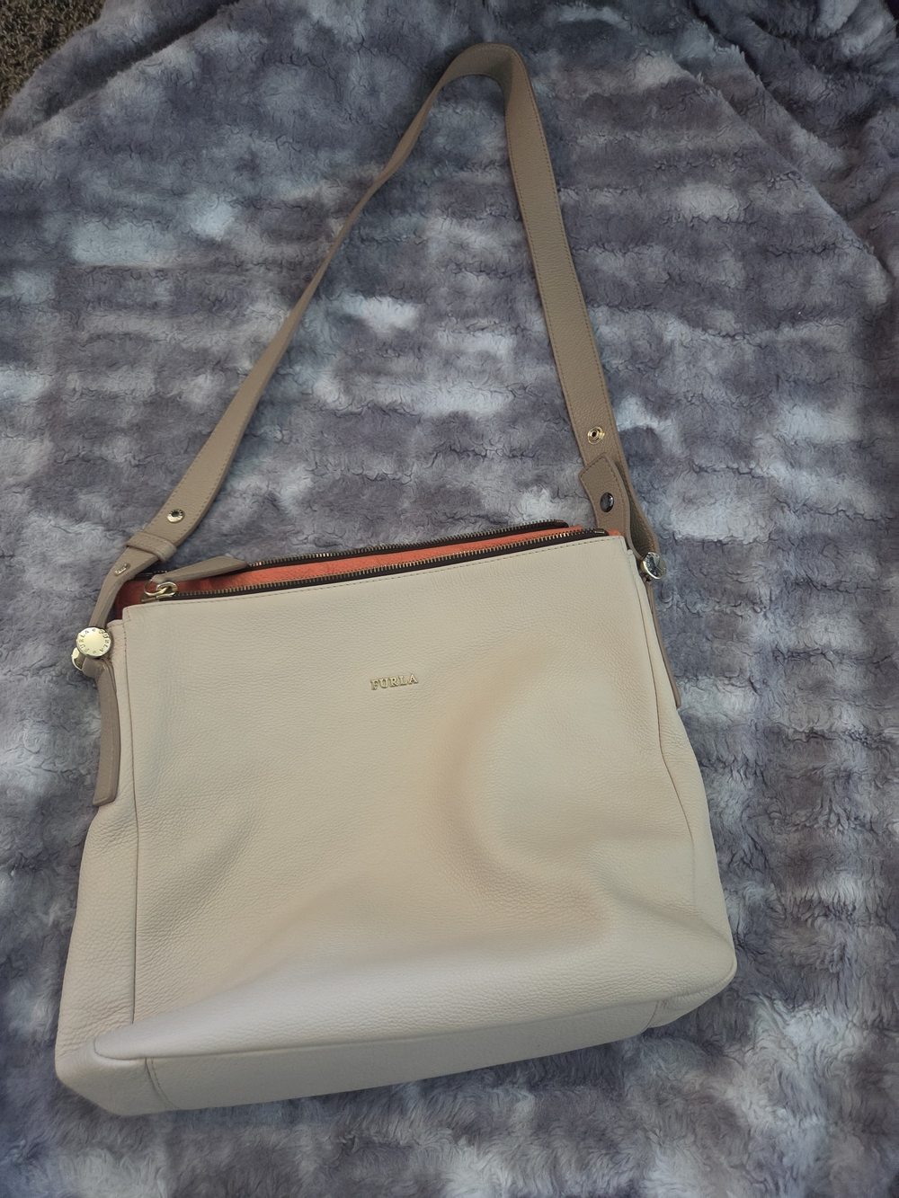 Authentic Furla Tan Leather Shoulder Bag Multi Zip Crossbody Purse